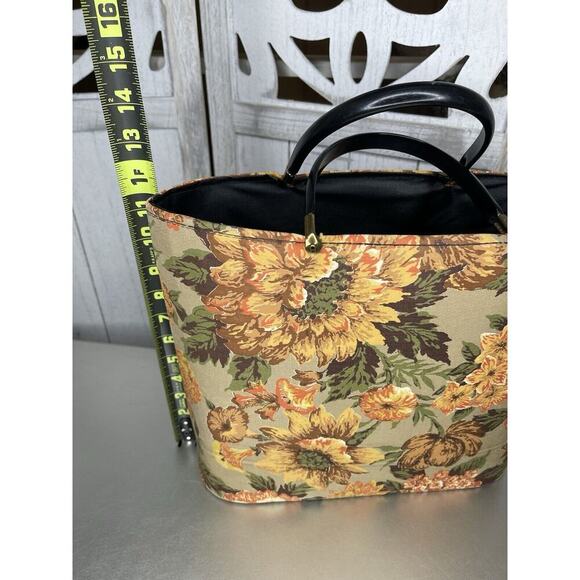 Vintage 1970s Floral Yellow Tapestry Material Tote Bag Purse Top Handle - Picture 5 of 6